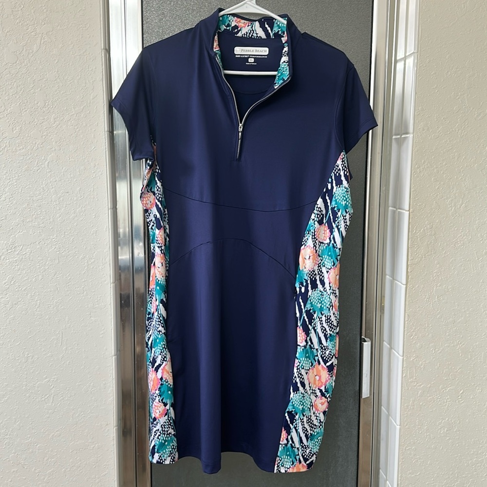 Pebble Beach Navy Blue Short Sleeve Dress Floral Pattern dry Luxe performance